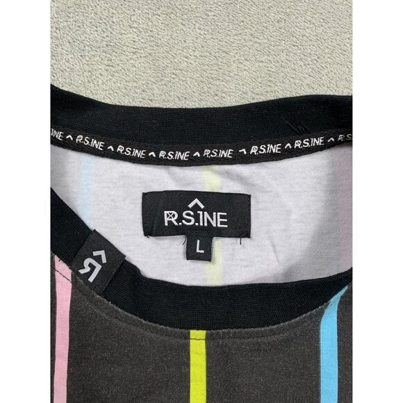 R.SINE Shirt Men Large Black Striped Bear Polo Graphic Tee Streetwear Casual Y2K - Picture 3 of 11